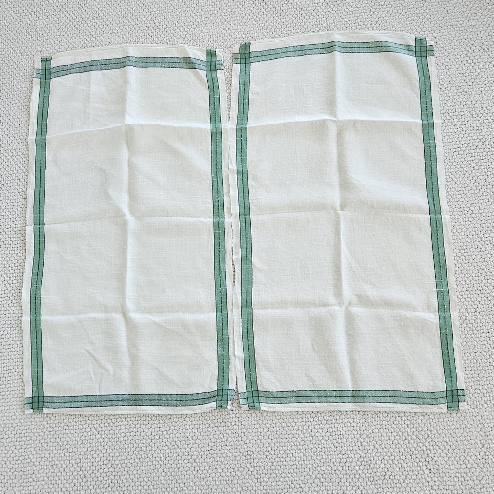 Two Vintage Pure Linen Tea Kitchen Towel Green And Black Stripe Soft 28"